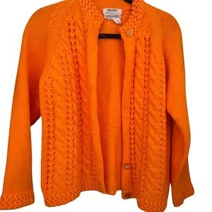 Vintage 1970s Bright Orange Cable Knit Chunky Button Down Cardigan Sweater wool